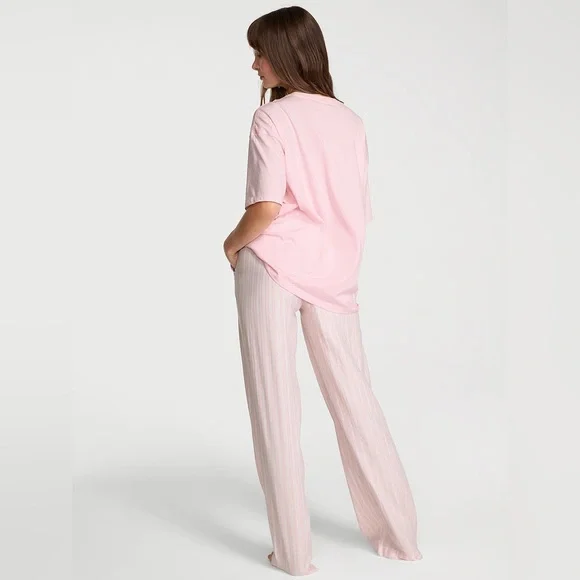 VICTORIA SECRET Lounge Pants Sleepwear Cotton Blend Pajama Pink White Stripe - Picture 2 of 9